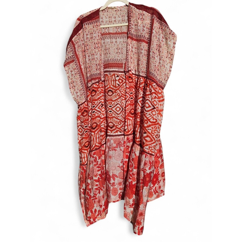 Easel Kimono Cardigan Women's Size 1X Boho Open Front Duster Red Plus Size